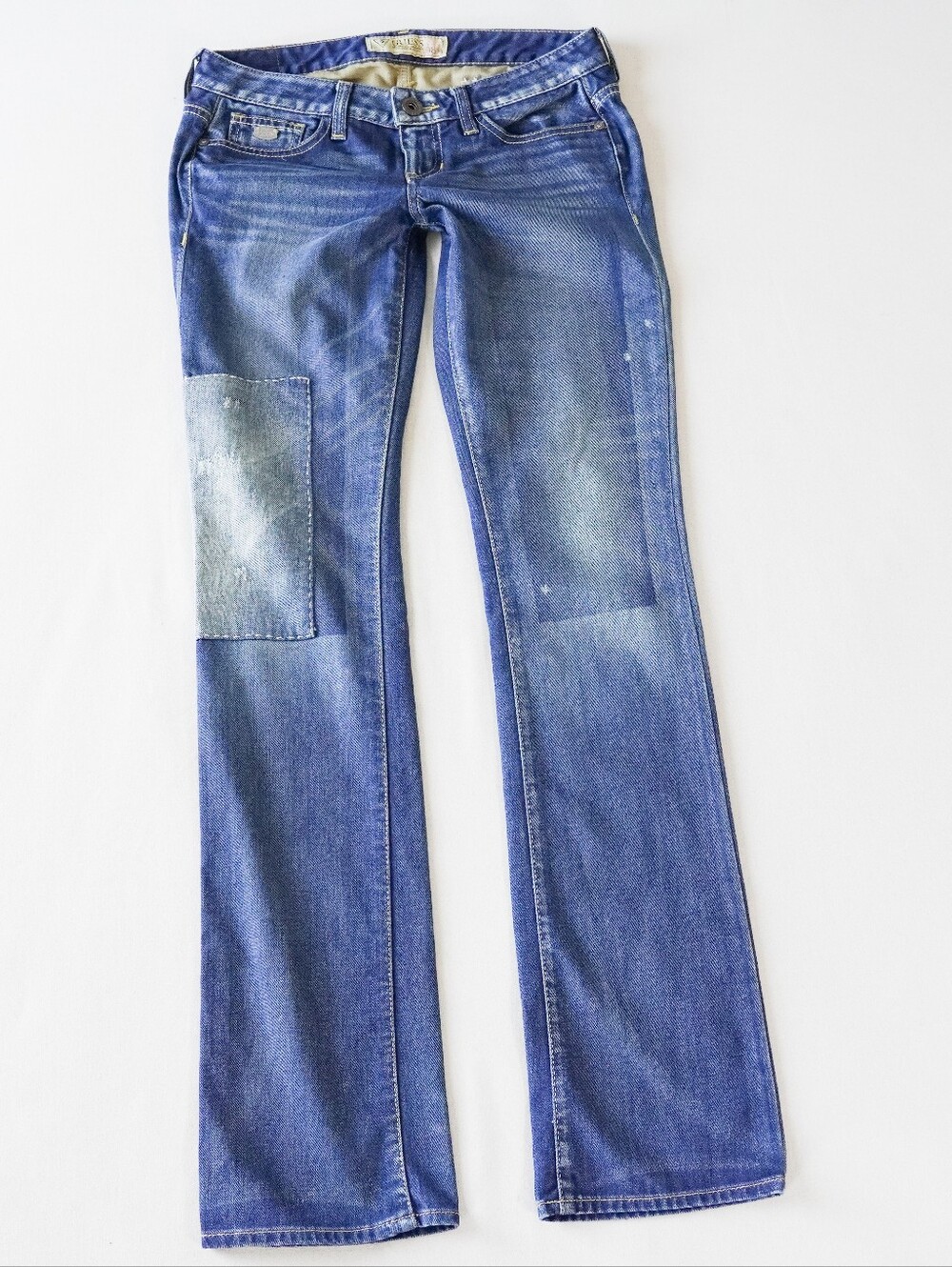Guess Patchwork Distressed Flare Jeans Medium Wash Low Rise Size 27